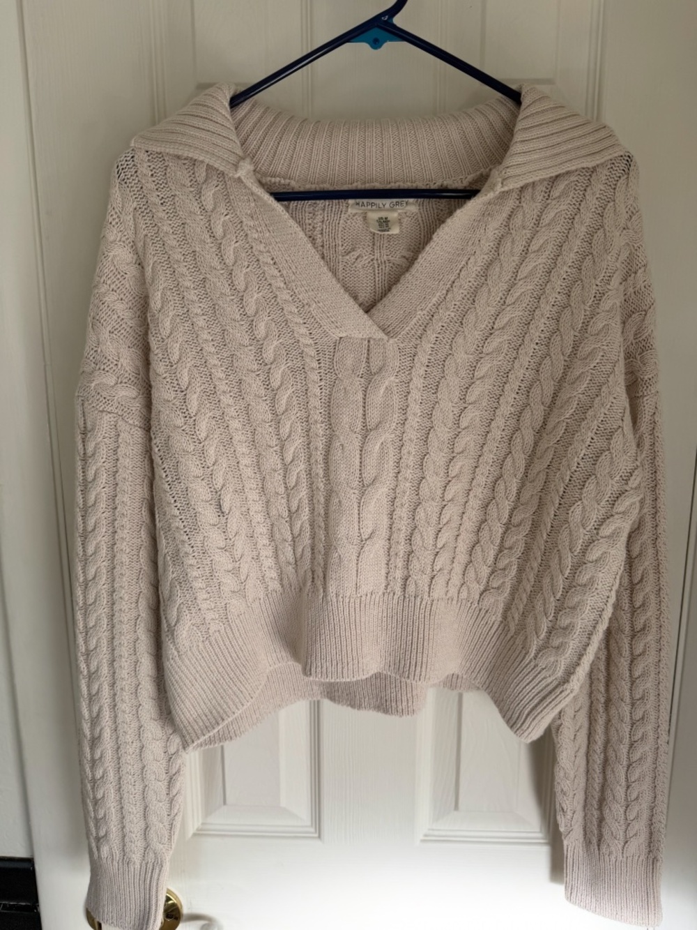 Happily Grey Cream Cable Knit Cropped Polo Sweater.  Size Medium.